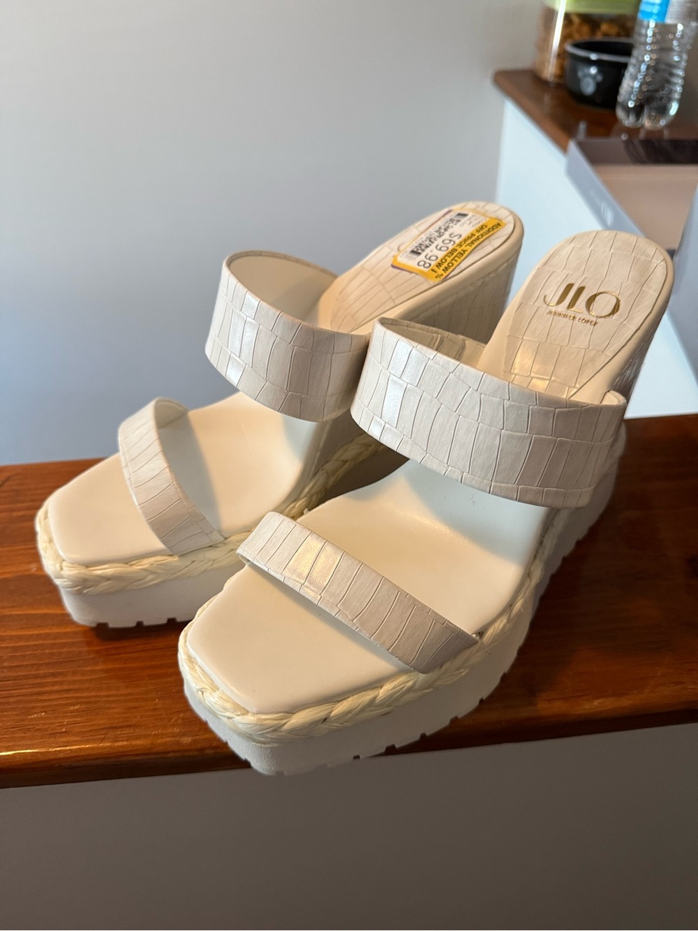 Jennifer Lopez Cream Croc-Embossed Platform Wedge Sandals